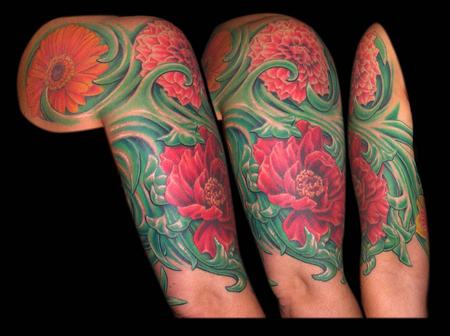 Tattoos - Gerber Daisy, Dahlai,Peony and Daffodils Floral Sleeve - 65063